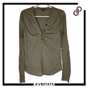 James Perse Women's Long Sleeve Slub Jersey Henley Shirt Olive Green Sz 3 Large